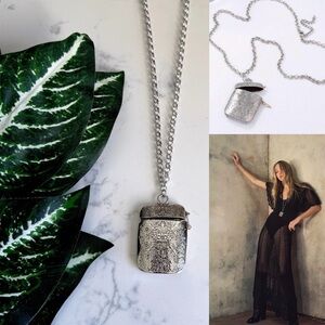 Long Textured Box Necklace Stash Necklace Floral Etched Boho Jewelry Silver NEW